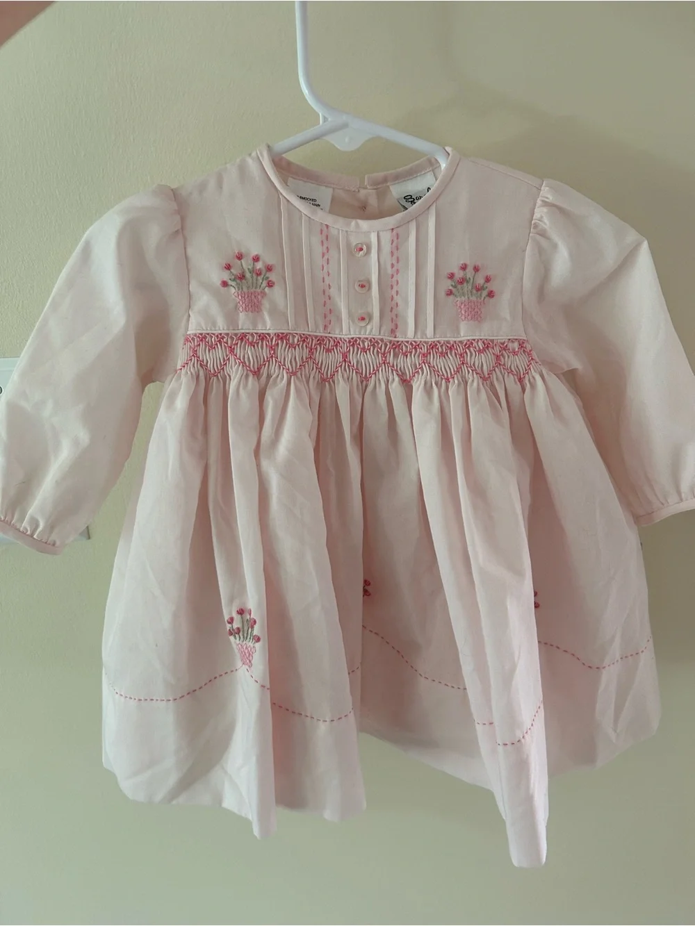 Sarah Louise England Hand-Smocked Pink Baby Girl Dress with Floral Embroidery